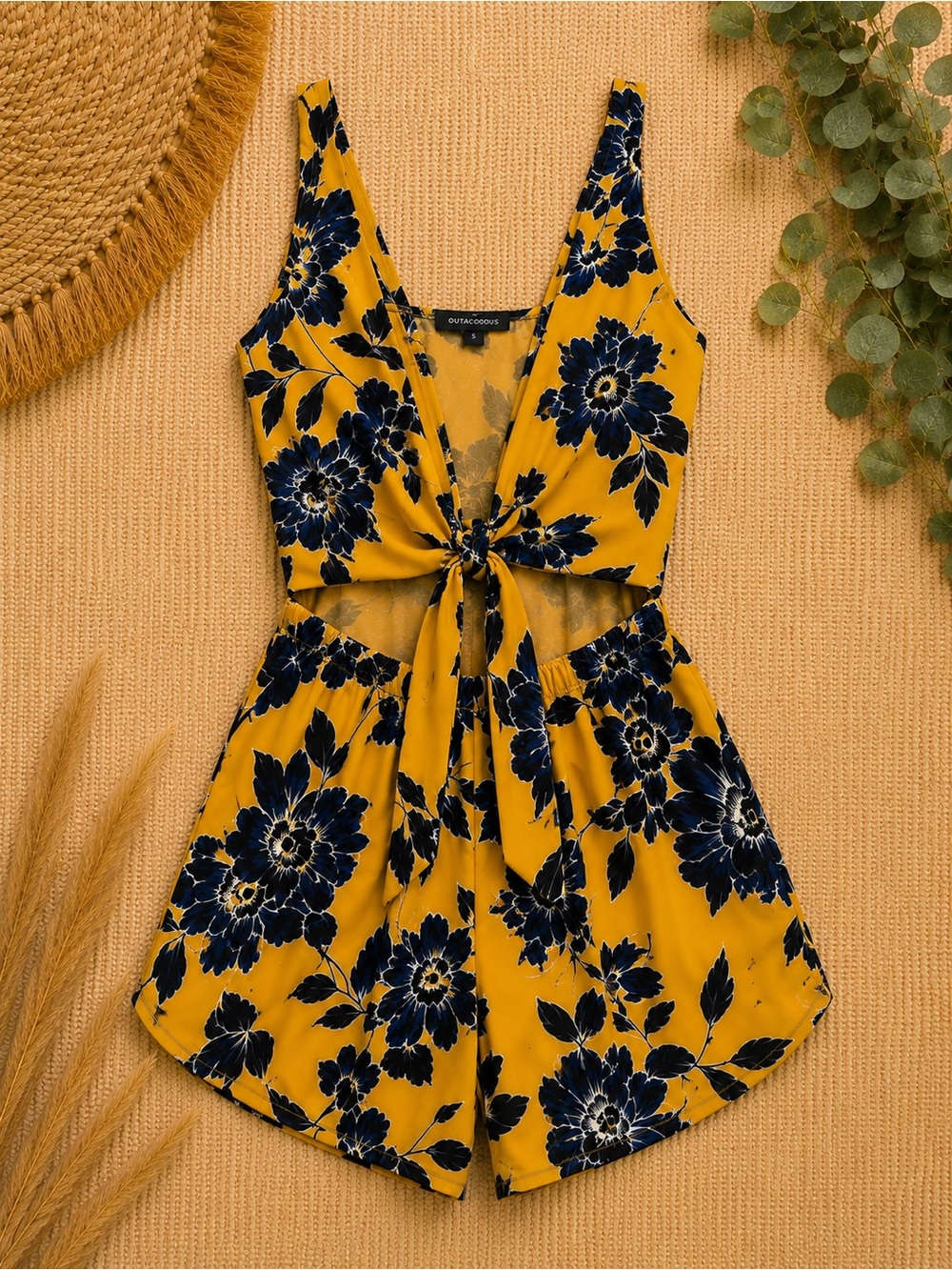 Navy Floral Tie-Front Yellow Romper